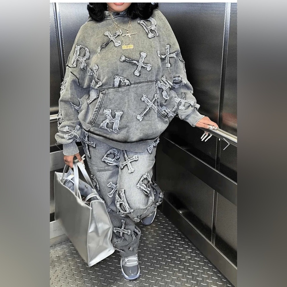 “Distressed” Denim Print Sweatsuit Size 6/M